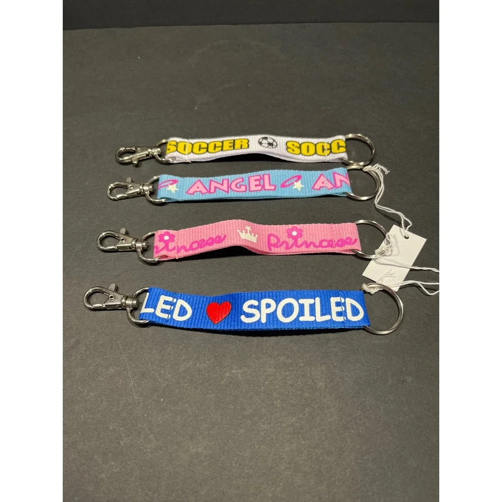 Set of 4 Fabric Strap Keychains Soccer Angel Princess Spoiled Graphic Keyrings